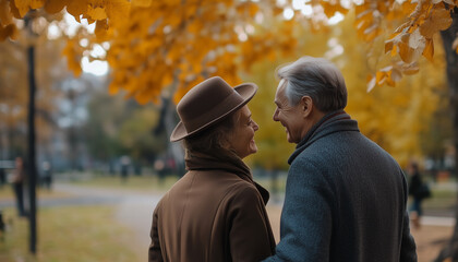 Obraz premium Elderly couple walking in park, close-up, smile at each other