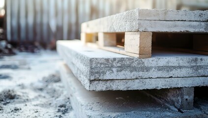 Construction Site Close-Up of Concrete Blocks on Wooden Pallets at Daylight with Soft Focus Background and Textured Surface for Building Projects
