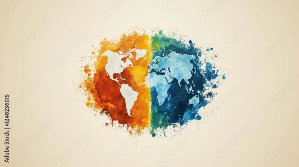 Poster a colorful depiction of a world map split into warm and cool tones, symbolizing diversity and global