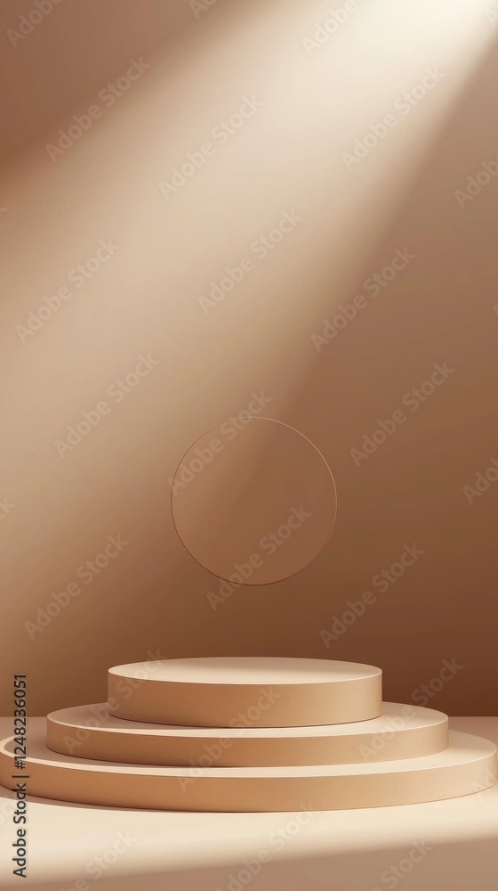 Poster Warm brown hues create an inviting atmosphere within a minimalist setting, featuring layered platforms illuminated by soft light for showcasing various products artfully