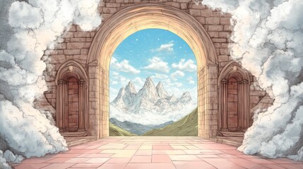 Archway to a mountain vista celestial gate a portal an entrance to another world Peaceful scene a pathway into the beyond Cartoon style