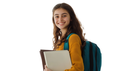 A middle school female student carrying a backpack and a book