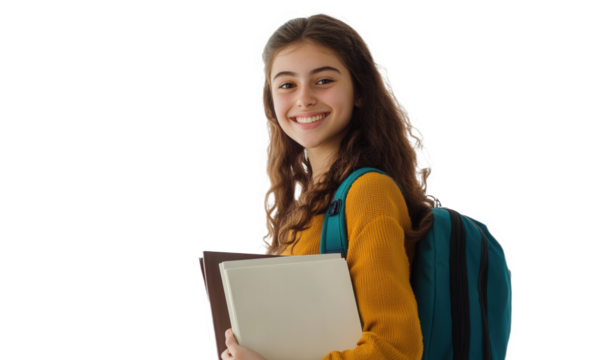 A middle school female student carrying a backpack and a book