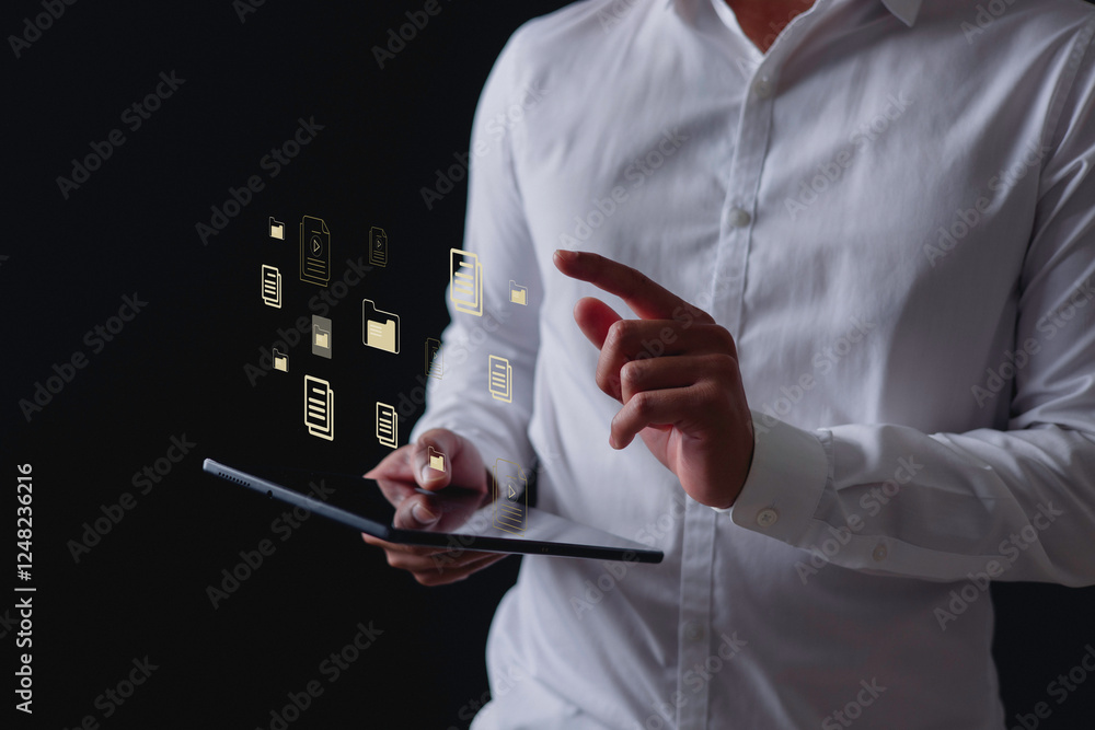 Aufkleber data digital transformation hand touching the universe, a conceptual shift in digital transformation