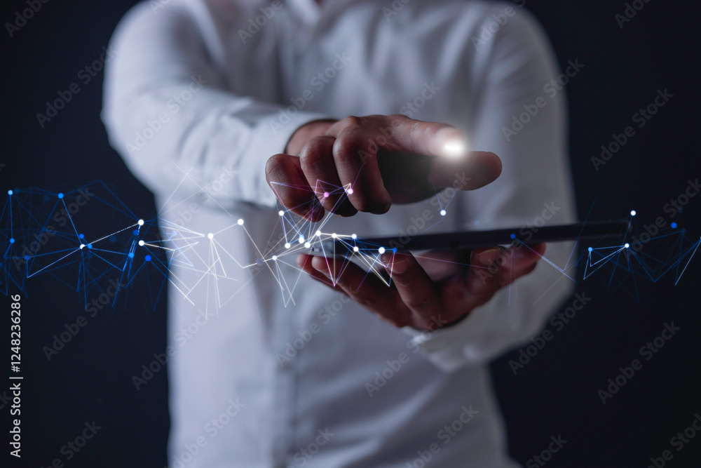 Aufkleber data digital transformation hand touching the universe, a conceptual shift in digital transformation