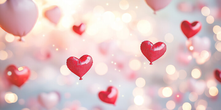 A whimsical Valentine’s background featuring red and pink paper hearts floating gently in the air. Soft-focus balloons in the background add depth, while a subtle bokeh light effect creates a magical