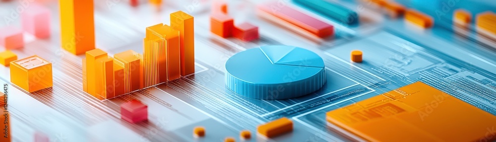 Poster a vibrant data visualization featuring pie charts and bar graphs in orange and blue hues, illustrati