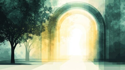 Fototapeta premium Abstract scene of arched pathway bathed in light framed by trees against a backdrop of muted greens yellows and diffused ambience
