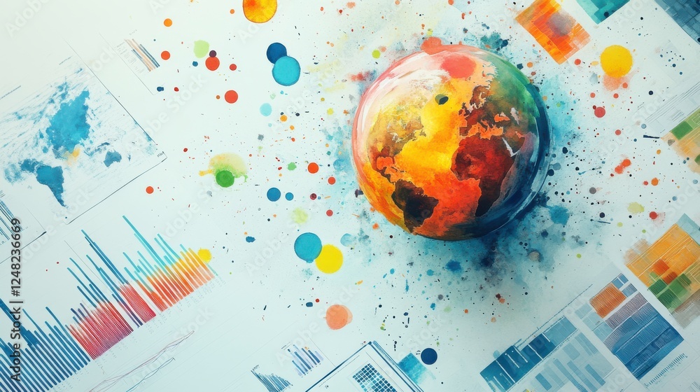 Aufkleber a vibrant globe surrounded by colorful splashes and data visuals, symbolizing global connectivity an