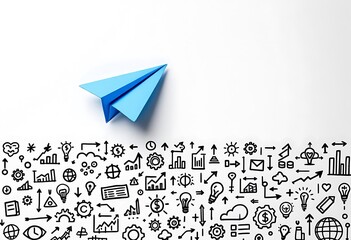 Blue Paper Airplane Above Business and Technology Doodle Icons on White Background – Innovation, Startup Launch, Creativity, Strategy, Planning, and Digital Transformation Concept Art"