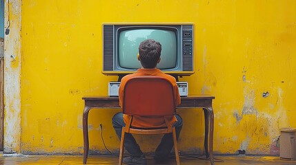 A Man Sits Before a Vintage Television Against a Yellow Wall: A Nostalgic View of Retro Technology and Solitude