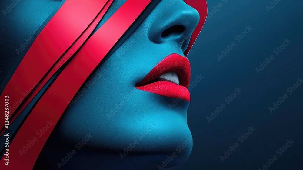 Aufkleber artistic expression of a blue-hued model with red accents in a studio setting close-up view abstract