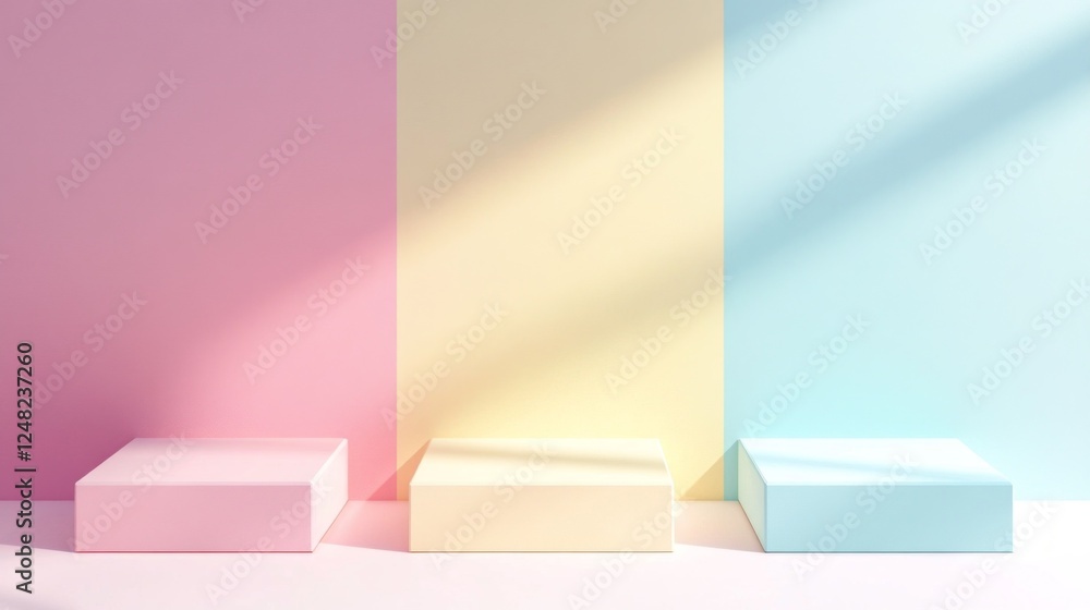 Poster three distinct display platforms in soft pastels rest against a vibrant backdrop of pink, yellow, an