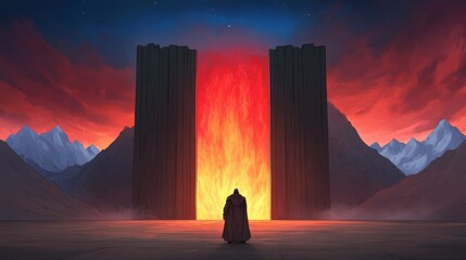 A solitary figure stands before a colossal gate of fire under a dramatic colorful sky evoking a sense of mystery and adventure