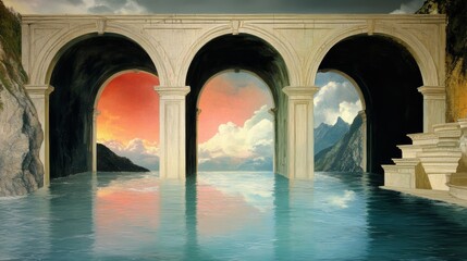 Surreal image of an architectural bridge that allows viewing of mountainous landscapes and sunset skies through its grand archways