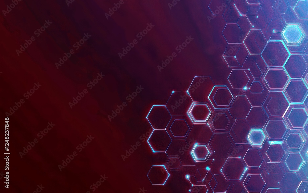 Poster abstract geometric hexagonal pattern with glowing edges on a dark red background, suitable for techn