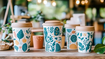 Botanical-Print Eco-Friendly Cups on Wood