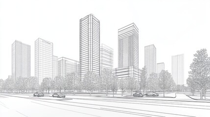 Fototapeta premium Cityscape Sketch Urban Design, Road, Trees