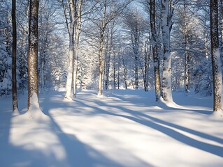 A serene winter forest with soft sunlight casting long shadows on the pristine snow-covered ground
