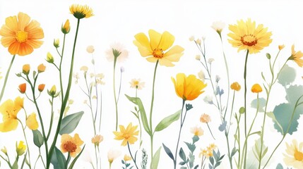 Beautiful seamless floral water color pattern Set, watercolor wild flowers, leaves and grass,Collection botanic garden elements, isolated illustration in rustic or vintage style,copy space.