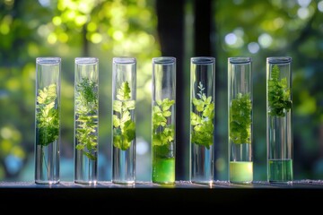 Lush Green Plant Samples in Test Tubes Captured in Natural Light with Bright Bokeh Background for Scientific and Educational Purposes