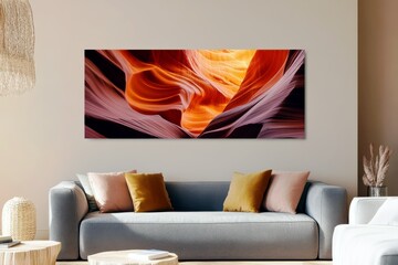 Stunning Abstract Design Featuring Flowing Shapes and Vibrant Colors in Modern Interior with Elegant Sofa and Decorative Elements