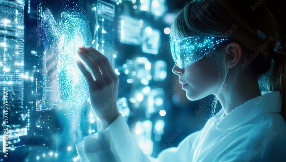 Poster young woman interacts with futuristic digital interface displaying holographic data and information 