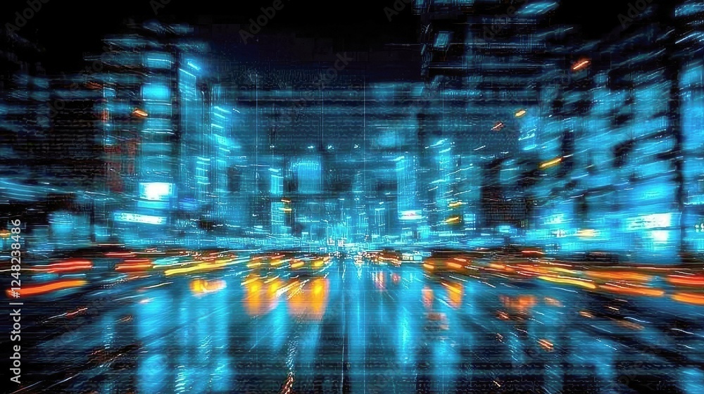 Poster futuristic city nightscape: a digital abstract of urban speed and light. dynamic architecture and vi