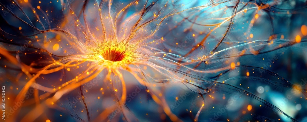 Poster abstract representation of a neural network with glowing lines and vibrant colors illustrating conne