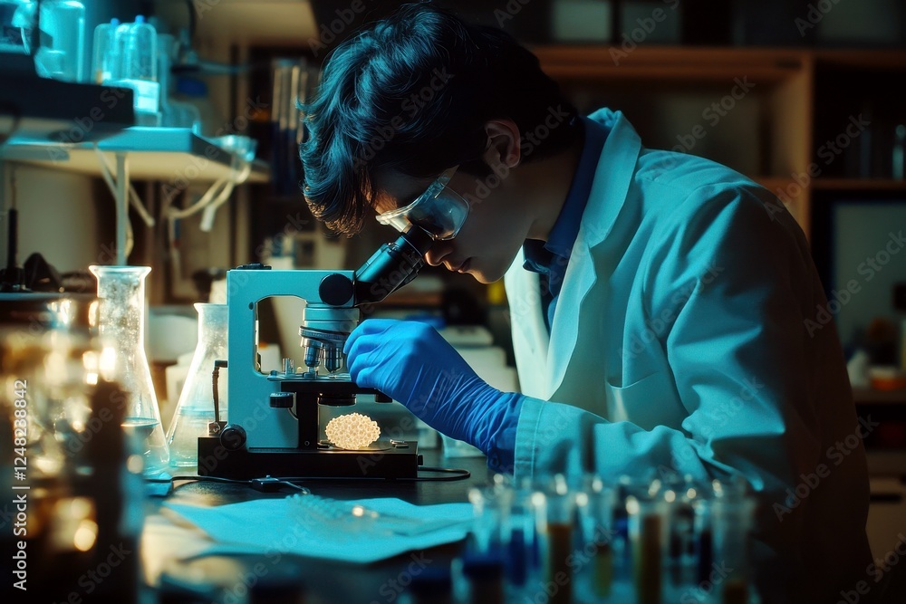 Poster scientist in white lab coat conducting experiment with microscope in laboratory featuring glassware 