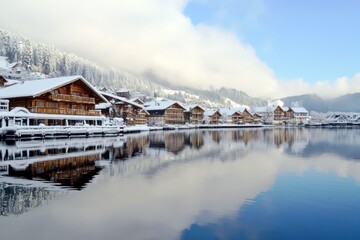 Fototapeta premium Snowy Winter Landscape with Charming Alpine Cabins Reflected in Calm Lake Surrounded by Majestic Mountains and Soft Cloud Cover