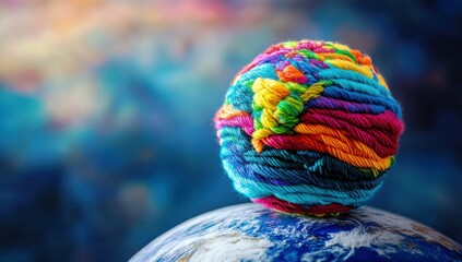 Colorful Yarn Ball on Earth Against a Dreamy Background, Symbolizing Creativity, Imagination, and Global Connection Through Crafting and Design