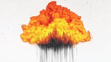 Abstract explosion art with vibrant oranges yellows and cascading black lines against a stark white backdrop Artistic interpretation