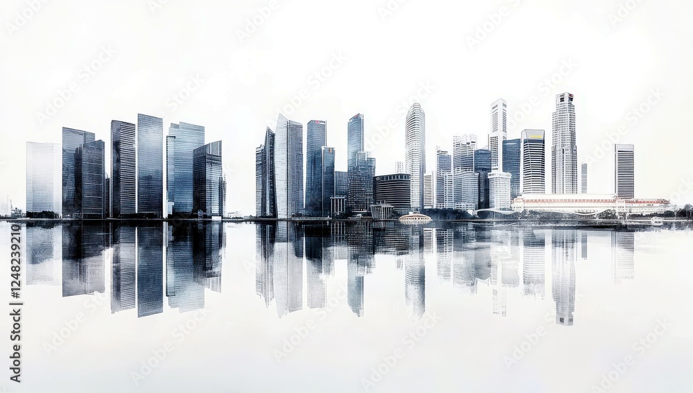 Poster modern skyline featuring skyscrapers reflecting on calm water surface in a serene cityscape setting 