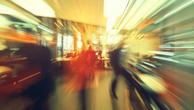 High-speed blurred motion of office workers in a corporate setting. A modern abstract scene symbolizing efficiency, teamwork, and collaboration.
