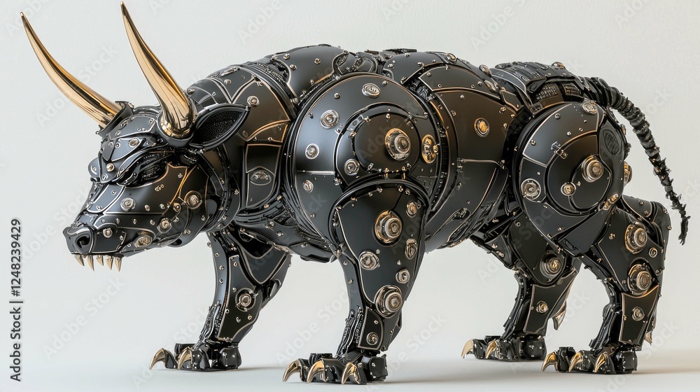 Poster mechanical bull: a cyberpunk masterpiece of metal and gold. intricate details and powerful form crea