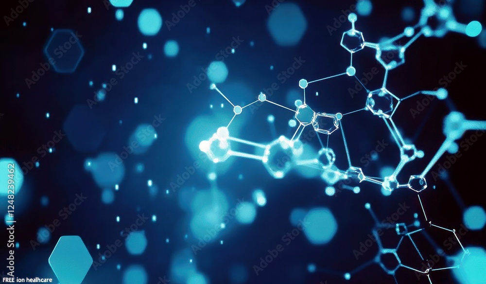 Poster abstract representation of molecular structures with bright blue particles and glowing lights on a d
