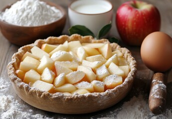 Freshly prepared apple pie with sliced apples, flour, milk, egg, and red apple on rustic wooden table ready for baking and delicious homemade dessert