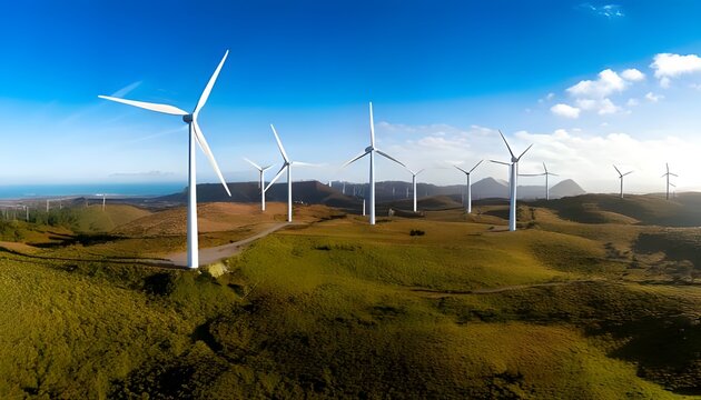 Panoramic view of wind turbines in the countryside generating renewable energy. Eco-friendly technology.