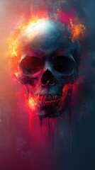 Vividly colored skull illustration with fiery elements and dramatic lighting effects