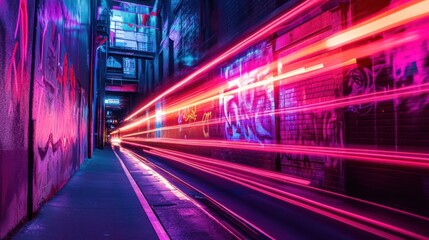 Fototapeta premium Neon lights streak alleyway, graffiti art background, urban speed, technology concept
