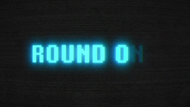 Video animation of the title animation of round one in neon blue on a dark, noisy Background - vintage 8 bit game screen.