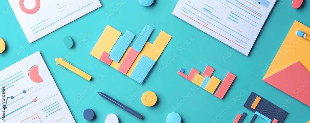 Aufkleber colorful paper graphs and charts arranged on a turquoise background, showcasing data visualization a