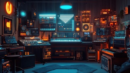 Obraz premium A Sophisticated Music Studio with Neon Accents and Vintage Equipment