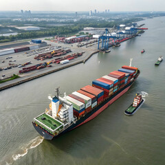 Aerial View: Cargo Ship and Containers in Harbor