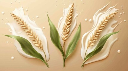 Falling oat flakes with milk splash on white background,Rolled oats falling into splashing milk,Dried oat plant Organic vegan liquid,Healthy breakfast meal,milkshake,yogurt spiral,diet drink.