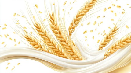 Falling oat flakes with milk splash on white background,Rolled oats falling into splashing milk,Dried oat plant Organic vegan liquid,Healthy breakfast meal,milkshake,yogurt spiral,diet drink.