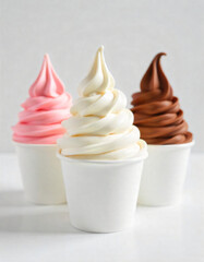 Mockup Strawberry frozen yogurt or soft ice cream, vanilla and chocolate frozen yogurt or soft ice cream in blank paper cup packaging template mockup collection with isolated background