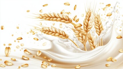 Falling oat flakes with milk splash on white background,Rolled oats falling into splashing milk,Dried oat plant Organic vegan liquid,Healthy breakfast meal,milkshake,yogurt spiral,diet drink.