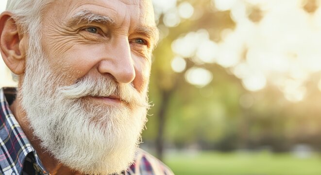 Elderly caucasian male with white beard smiling outdoors in nature